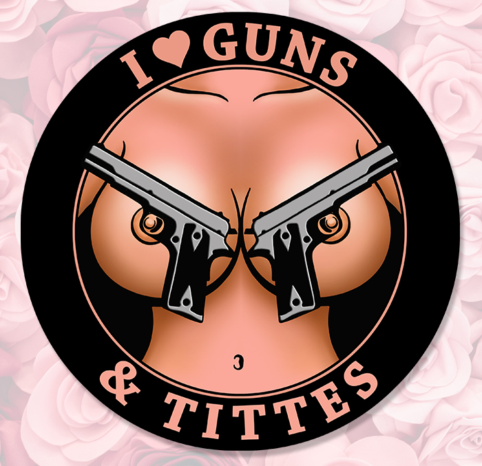 Sticker I LOVE GUNS AND TITTIES : Couleur Course
